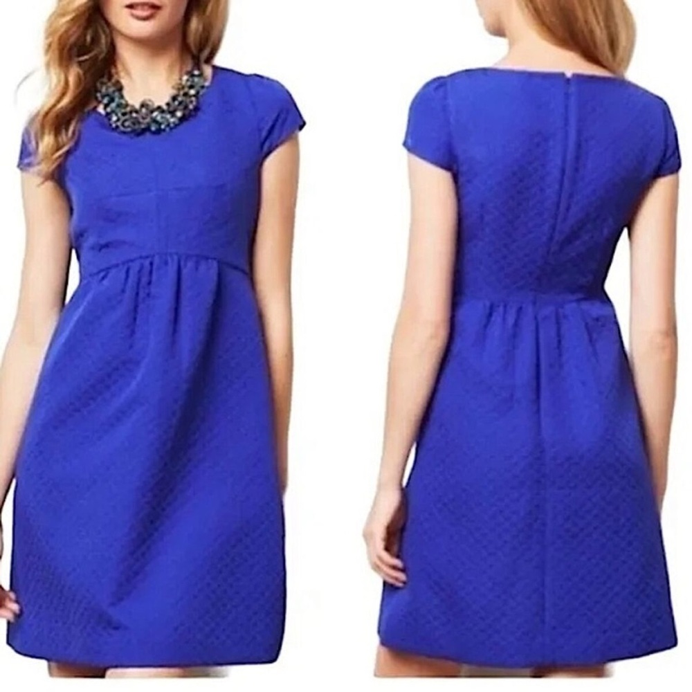 HD in Paris Blue A-line Midi Dress with Puff Cap Sleeves
